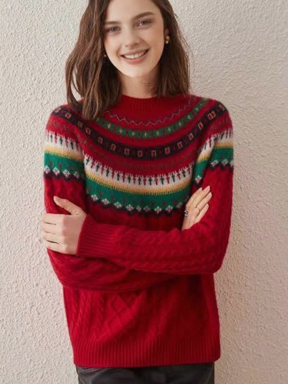NWT Red Nordic Fair Isle cashmere crewneck sweater Holiday warm cable knit L